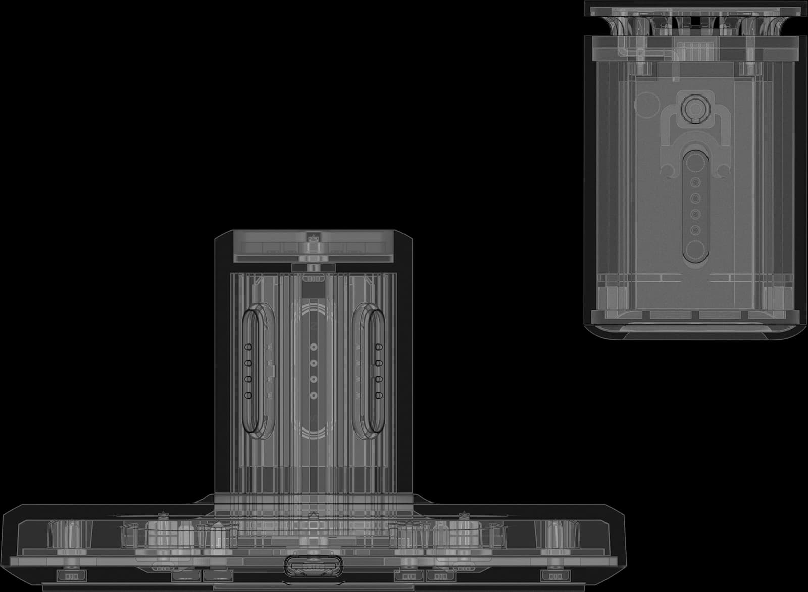Technical drawings of an Airo Pod and its docking base